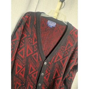 Barnaby Vintage Mens Cardigan Sweater Red Black Geometric Triangle Knit Large